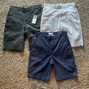 3 pair chino shorts. Gray, navy & light gray